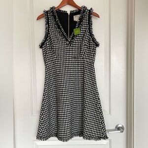 Kate Spade NWT Houndstooth Sheath Dress Sleeveless Fringe Trim Chic Tweed
